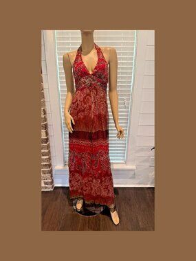 Sue Wong Y2K Silk Summer Maxi Long Evening Gown Red Brown Halter NWT 6 F1